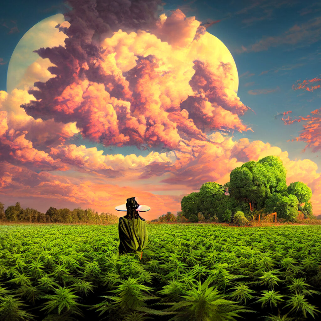 depiction of a person in a field of cannabis