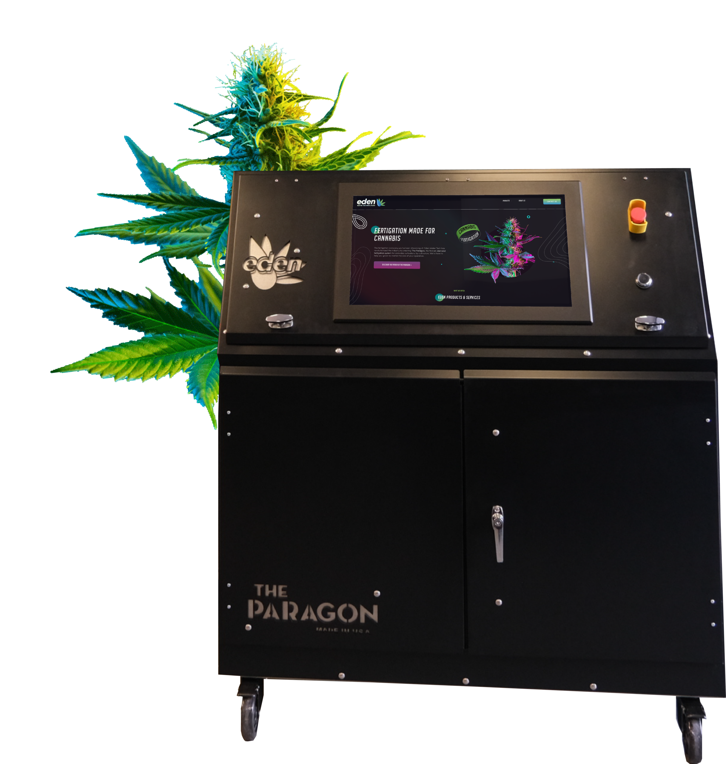 The Paragon fertigation machine beside a cannabis plant, wheeled black cabinet