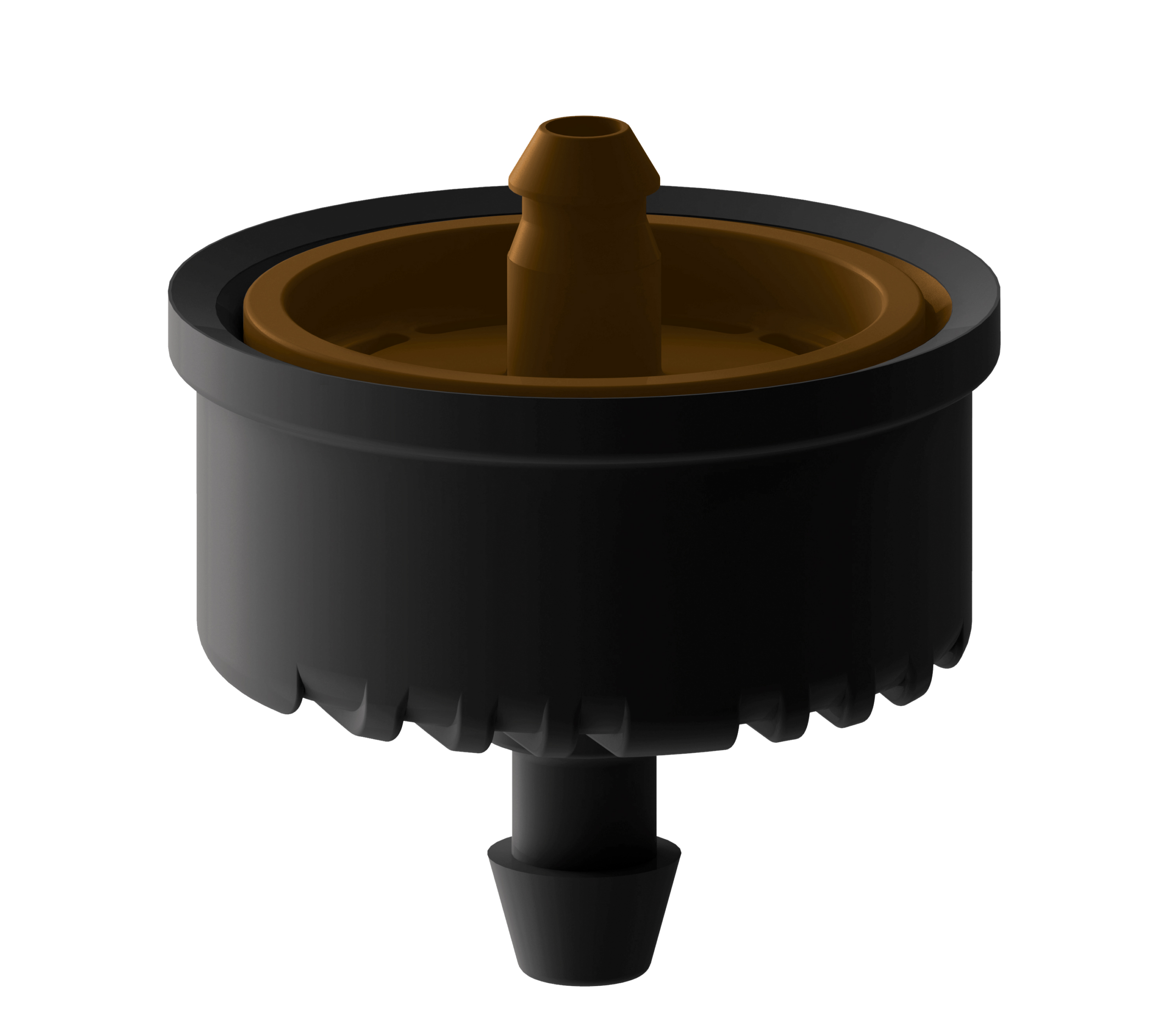 Close-up of a pressure-compensating drip emitter showing its barbed inlet and internal diaphragm